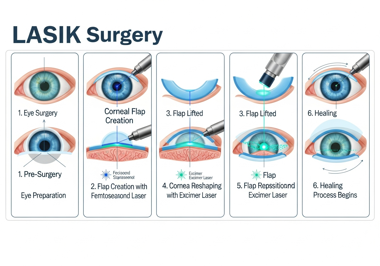 Step by step LASIK eye surgery procedure illustration at Brar Eye Hospital Bathinda